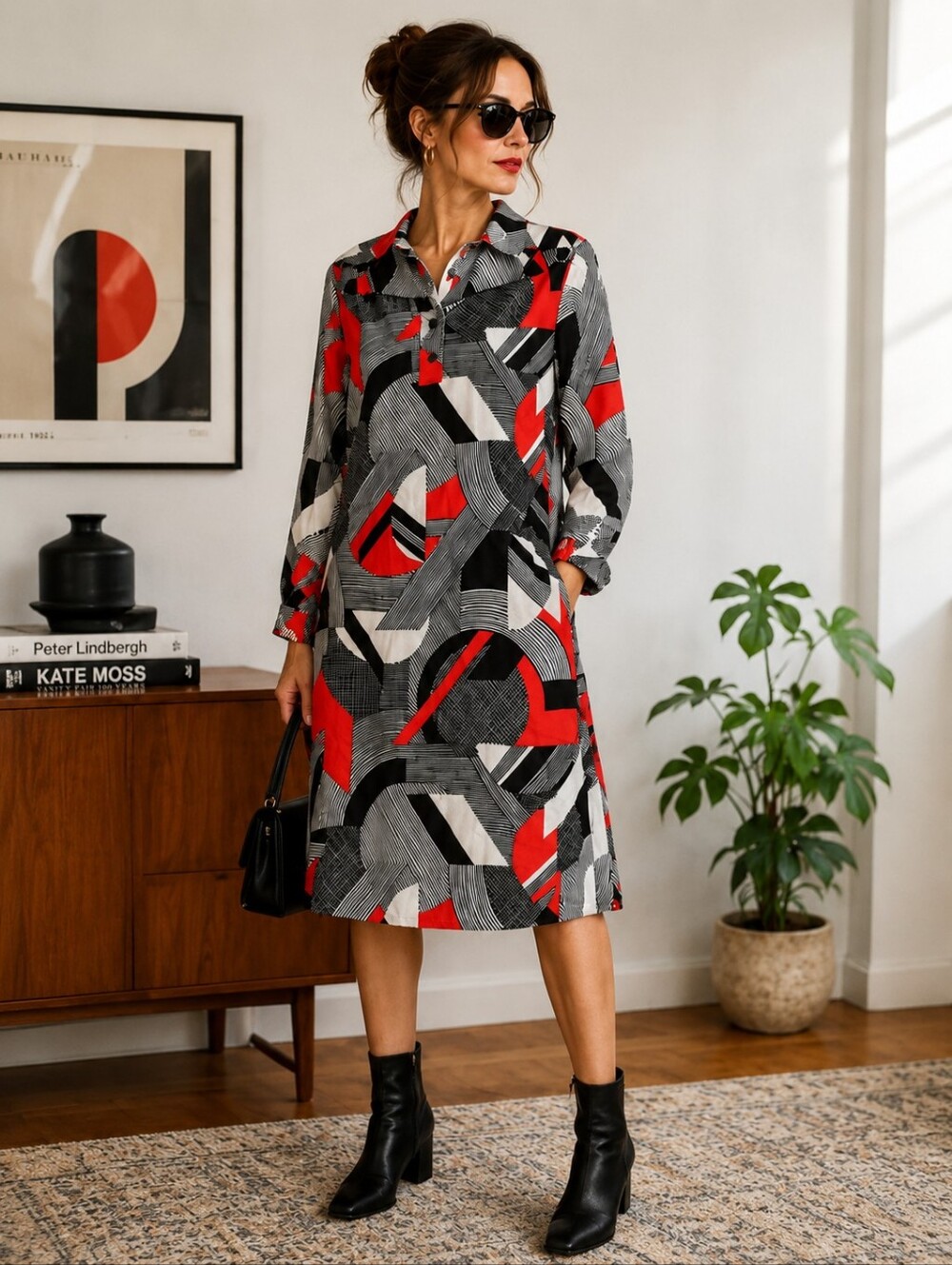 Vintage Fashioned by Patty Geometric Mod Dress Red Black White Medium